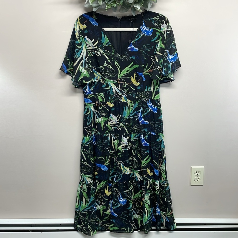 NWT Le Gali Black Floral Chiffon Flutter Bell Sleeve V-Neck Dress 12
